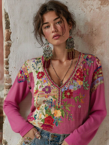 Camiseta de manga larga con cuello en V y bordado floral bohemio vintage para mujer, de mezcla de lino 