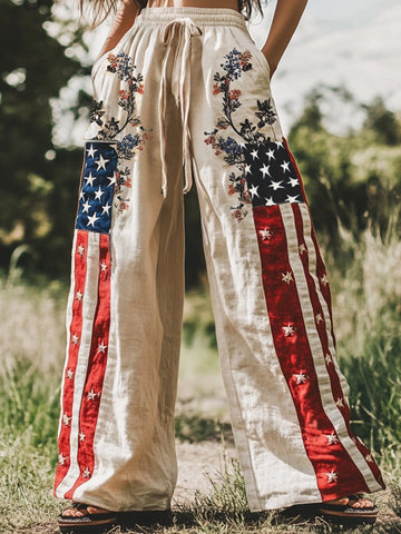 Pantalones de lino de pierna ancha con diseño patchwork y bordado floral vintage para mujer, ideales para el Día de la Independencia. 