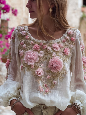 Bohemian Style Flower Embroidery Round Neck Knitted Casual Long-sleeved Top