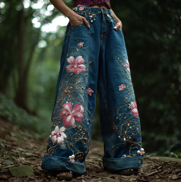 Pantalones vaqueros largos de mujer estilo bohemio con bordado de flores y plantas, corte holgado, pierna ancha y rectos. 