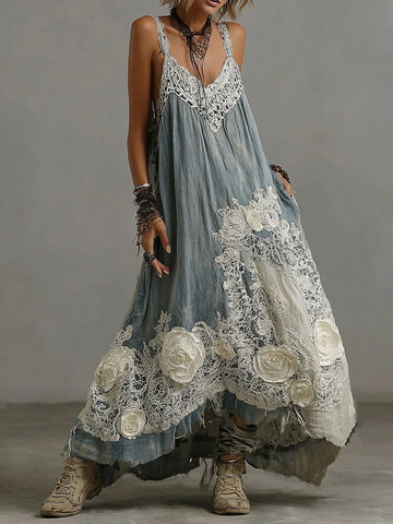 Vestido largo sin mangas con cuello en V y bordado de rosas retro para mujer 