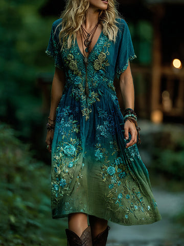 Vestido largo de lino bordado con rosas azules degradadas y flores de estilo vintage 