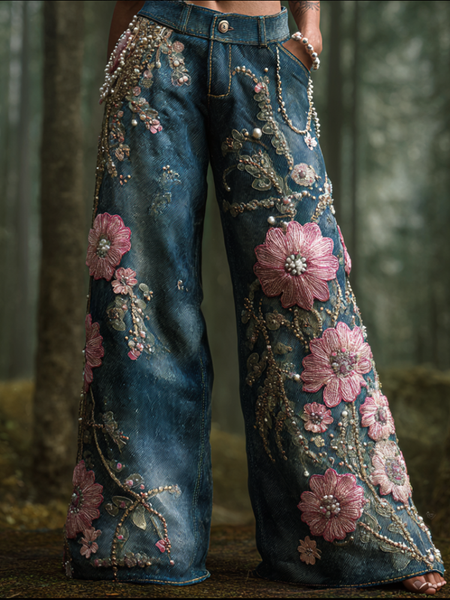 Pantalones vaqueros largos de mujer estilo bohemio con bordado de flores y plantas, corte holgado, pierna ancha y rectos. 