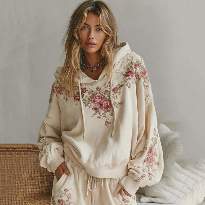 Sudadera con capucha cómoda para mujer con bordado de rosas 