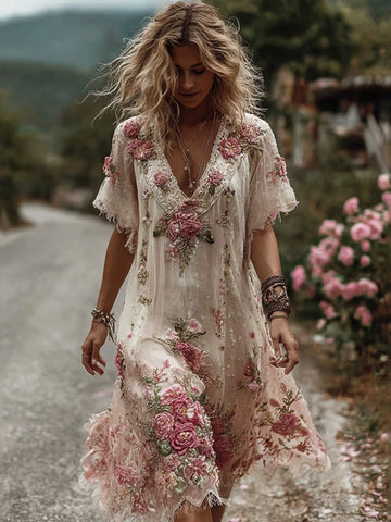 Vestido corto de lino con bordado floral vintage para mujer 