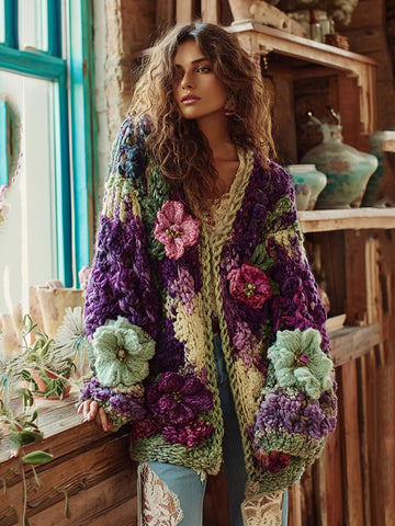 Cárdigan bohemio de punto grueso con contraste floral de ganchillo para mujer 