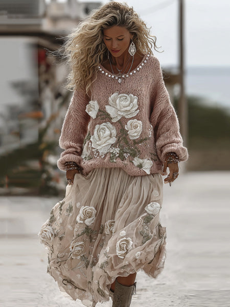 Classic Rose In Pink Art Cozy Knit Round Neck Sweater And Linen Skirt Two-piece Set