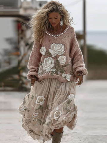 Classic Rose In Pink Art Cozy Knit Round Neck Sweater And Linen Skirt Two-piece Set