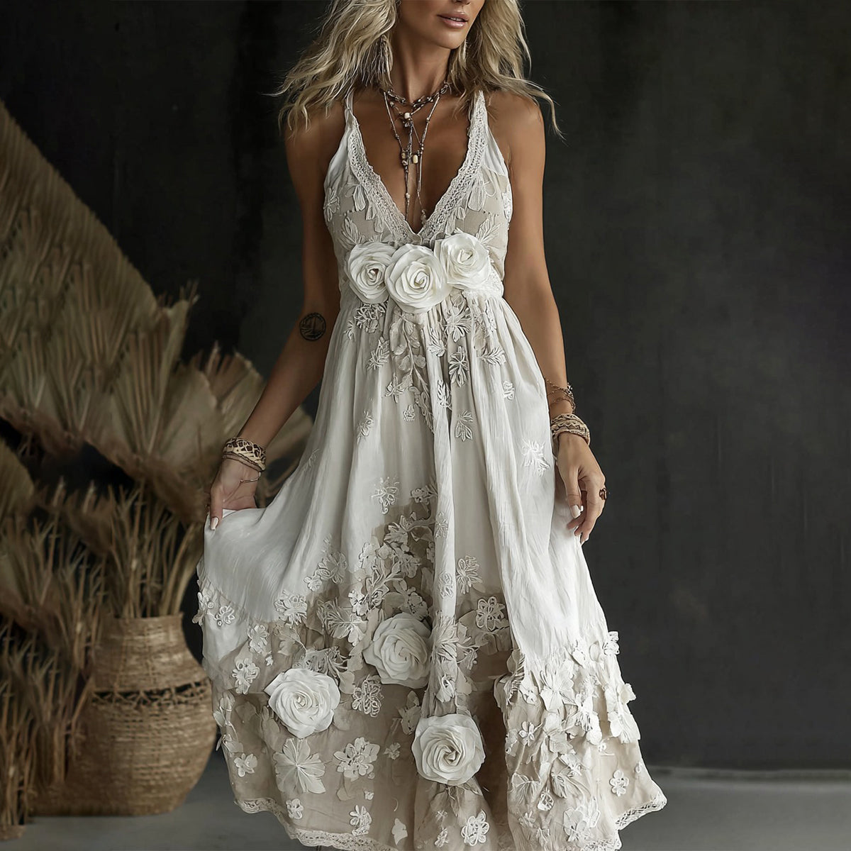 Women's Vintage Rose Embroidery Art V-neck Casual Camisole Dress