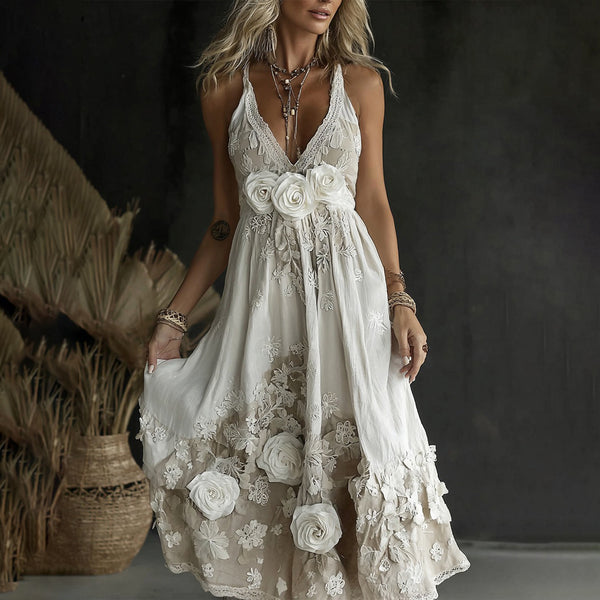 Women's Vintage Rose Embroidery Art V-neck Casual Camisole Dress