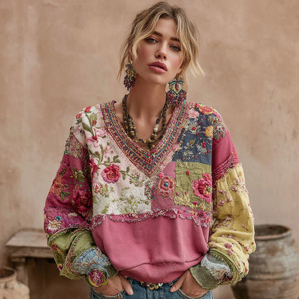 Sudadera informal de cuello en V con bordado floral bohemio para mujer 