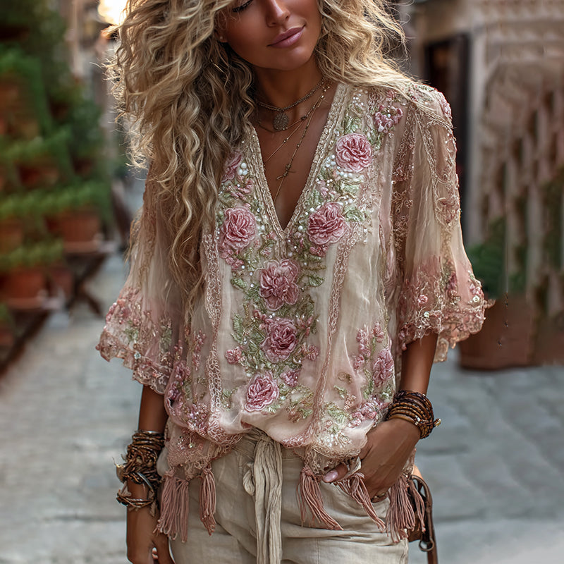 Camisas de lino cómodas para mujer con bordado de rosas vintage 