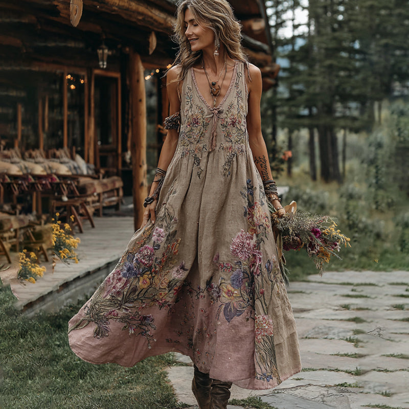 Vestido largo sin mangas, cómodo, con cuello en V, bordado floral estilo boho para mujer 