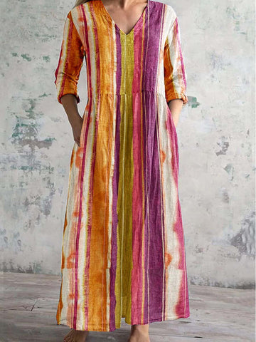 Robe vintage bohème à rayures, col en V et poches pour femme 