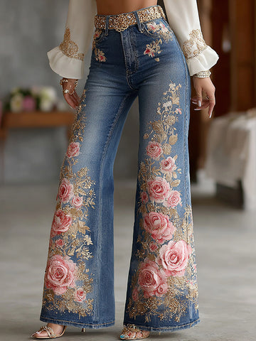 Jeans holgados vintage para mujer con bordado floral de rosas 