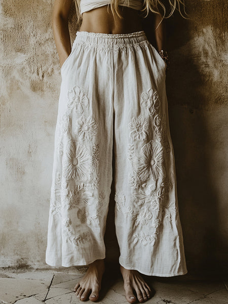 Pantalones casuales de pierna ancha con bordado floral para mujer 