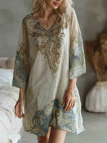 Vestido de lino con textura de mármol vintage, estilo bohemio retro para mujer, con degradado dorado. 