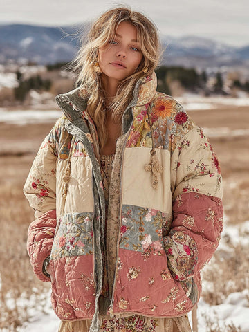 Vêtements rembourrés en coton chaud matelassé, patchwork floral bohème pour femmes 