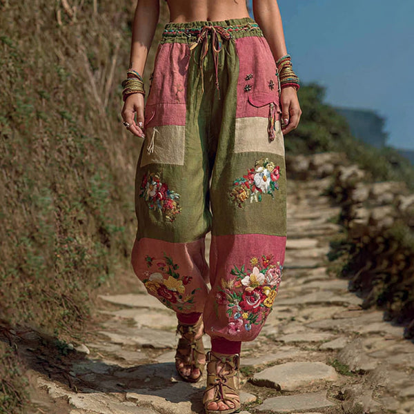 Pantalones casuales retro bohemios con estampado floral bordado para mujer 
