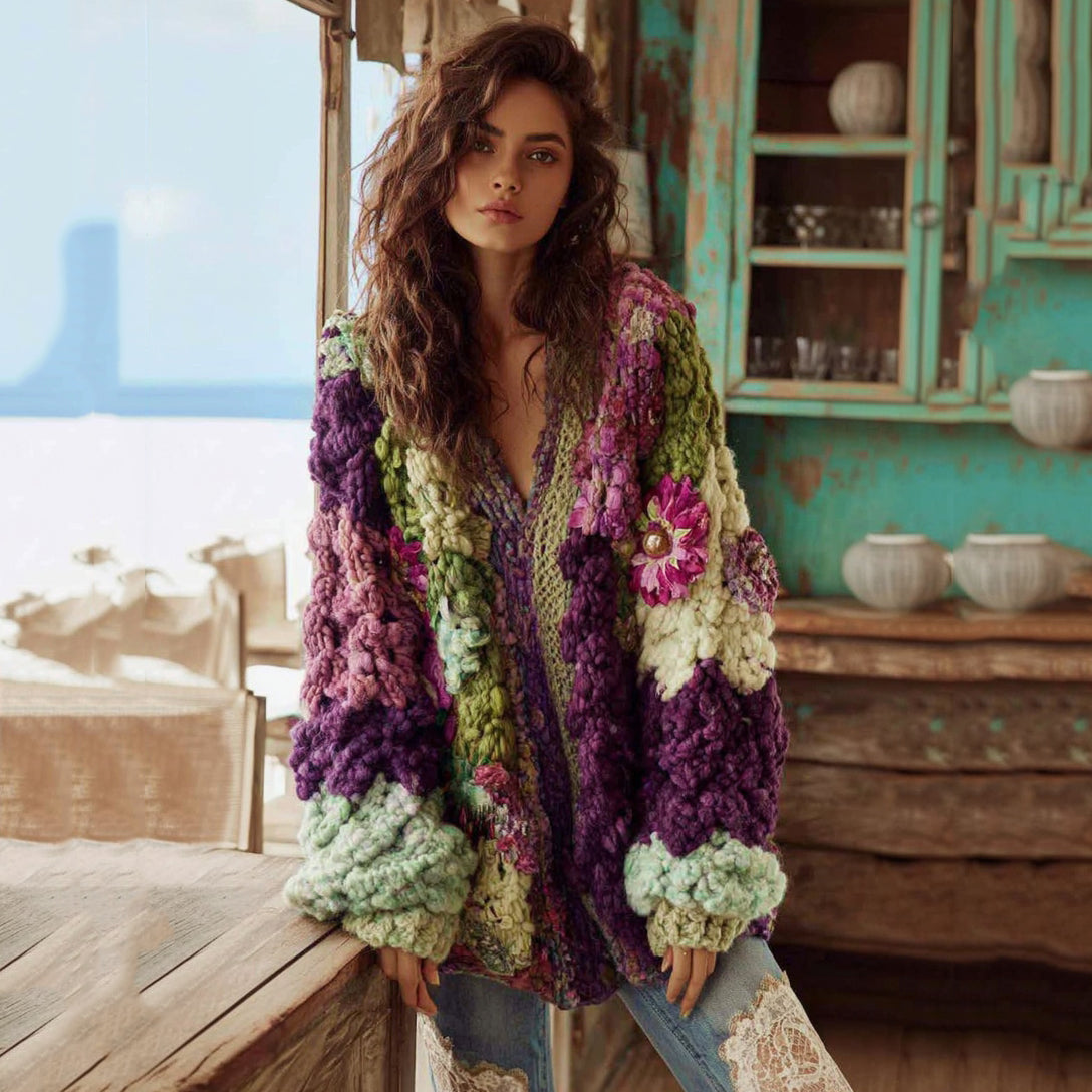 Suéter bohemio de punto grueso para mujer con cuello en V, estampado floral de ganchillo en contraste 