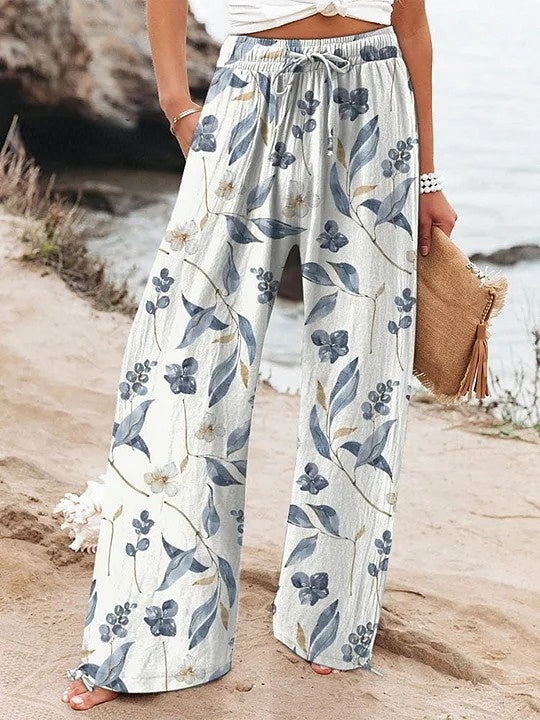 Pantalones casuales de algodón y lino con estampado artístico vintage bohemio para mujer 