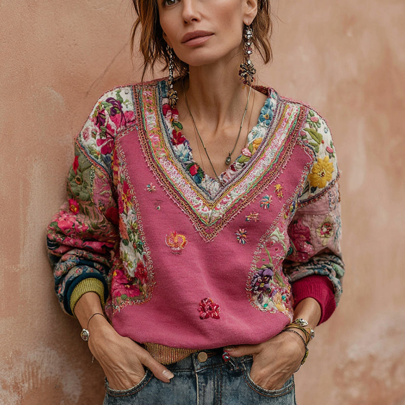 Sudadera informal de cuello en V con bordado floral bohemio para mujer 