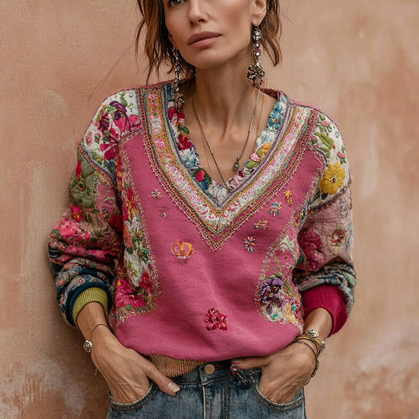 Sudadera informal de cuello en V con bordado floral bohemio para mujer 