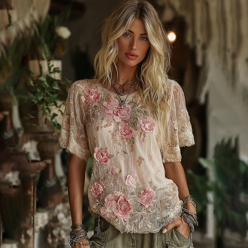 Women's Vintage Floral Art Linen Crew Neck Comfy Short Sleeve T-shirt