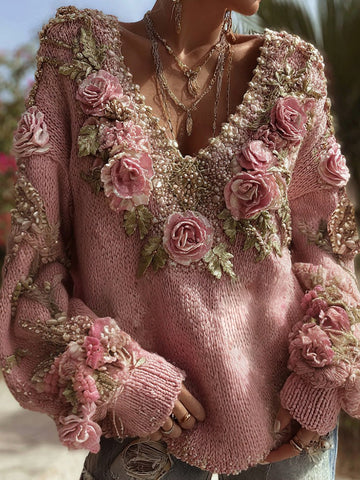 Suéter vintage rosa rosa de punto grueso con cuello en V para mujer 