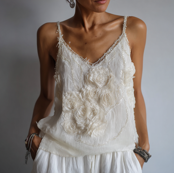 Top sin mangas con cuello en V para mujer, estilo retro con rosa blanca y brillo