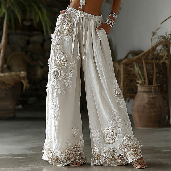 Pantalones de lino casuales para mujer con bordado floral retro 
