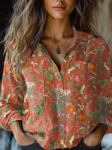 Camisa de algodón cómoda de manga larga para mujer, estilo boho vintage con estampado floral, informal. 
