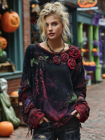 Sudadera vintage con bordado de rosas y degradado de cuentas 