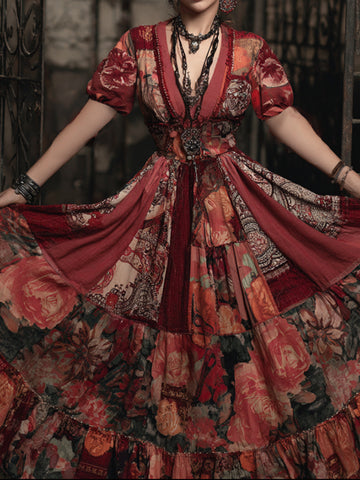 Vestido patchwork con escote en V y estampado floral de rosas de estilo bohemio 