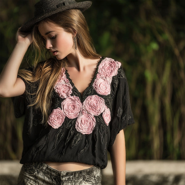 Vintage Pink Roses Embroidered V Neck Linen Shirt