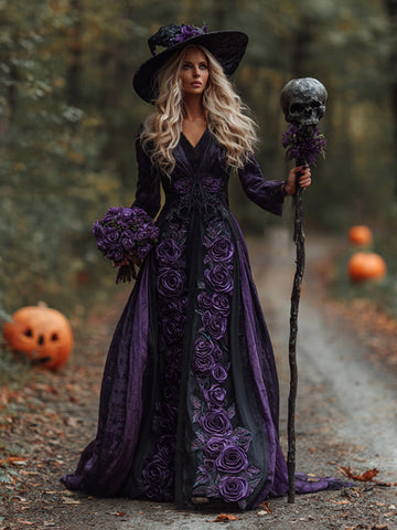 Vestido largo de lino cómodo con estampado de rosas moradas estilo vintage para mujer, ideal para Halloween. 