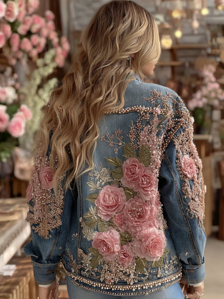 Chaqueta vaquera vintage romántica con bordado de rosas rosas 