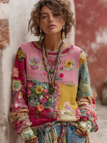 Pull en maille douce à broderies florales patchwork pour femme 