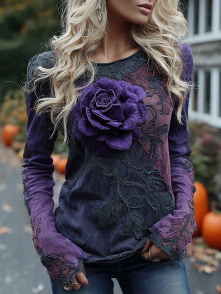 Vintage Halloween Purple Rose Art Linen Shirt