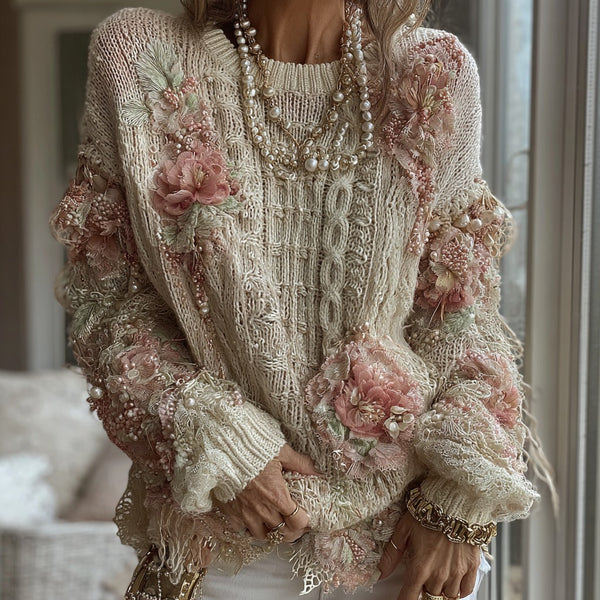 Suéter de punto rosa para mujer, cálido, de manga larga y cuello redondo 