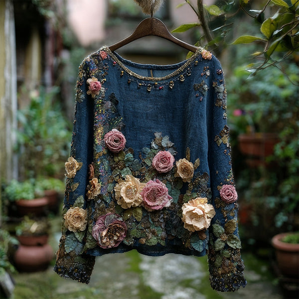 Vintage Boho Roses Embroidered Long Sleeve Linen Tunic