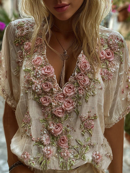Camisa vintage de manga corta con cuello en V y bordado de cuentas de piedras preciosas de rosas 