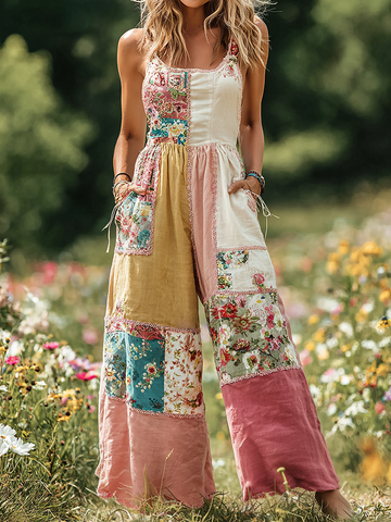 Mono cómodo de mujer con estampado floral vintage y parches 