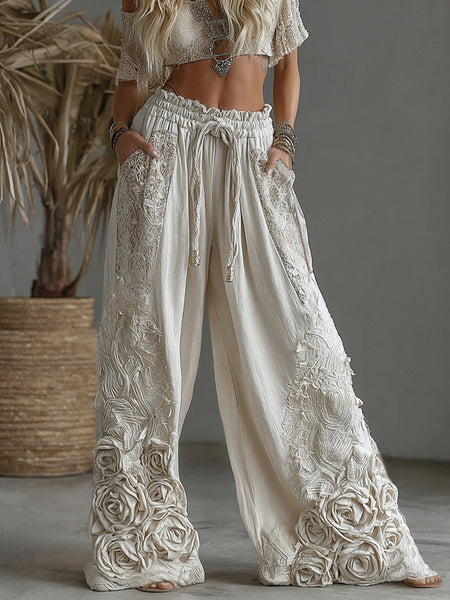 Pantalon décontracté en lin pour femme, orné de broderies florales rétro 