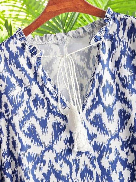 Vestido boho de manga corta con estampado floral, estilo casual otoñal, geométrico y de talla grande. 