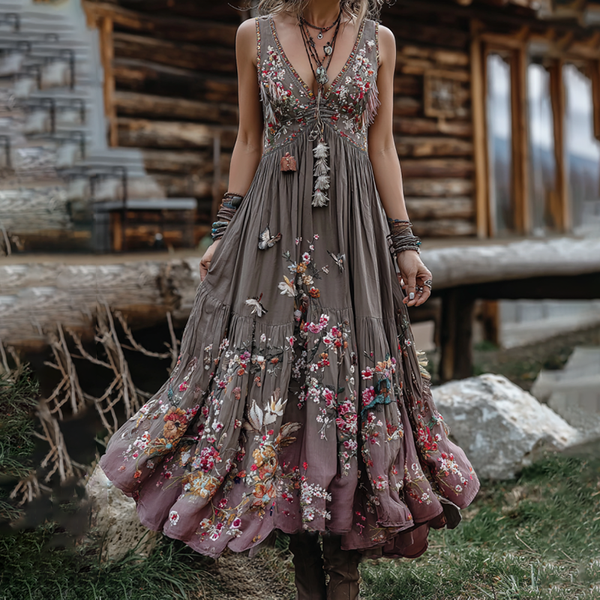 Vestido largo cómodo con cuello en V y estampado floral bohemio para mujer 