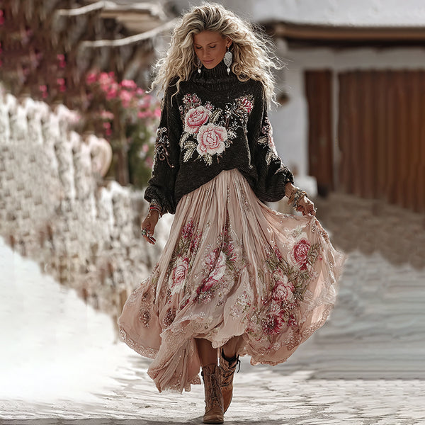 Vintage Rose In White Art Cozy Knit Turtleneck Sweater And Linen Skirt Two-piece Set