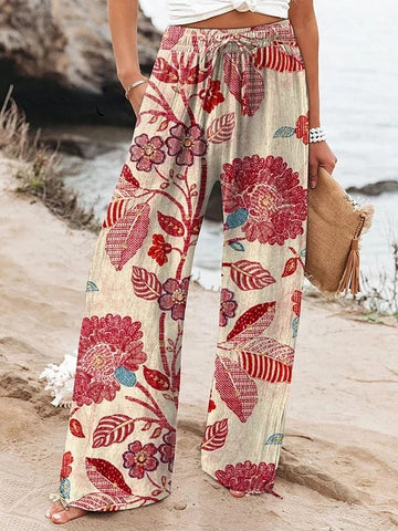 Pantalones casuales de algodón y lino con estampado artístico vintage bohemio para mujer 