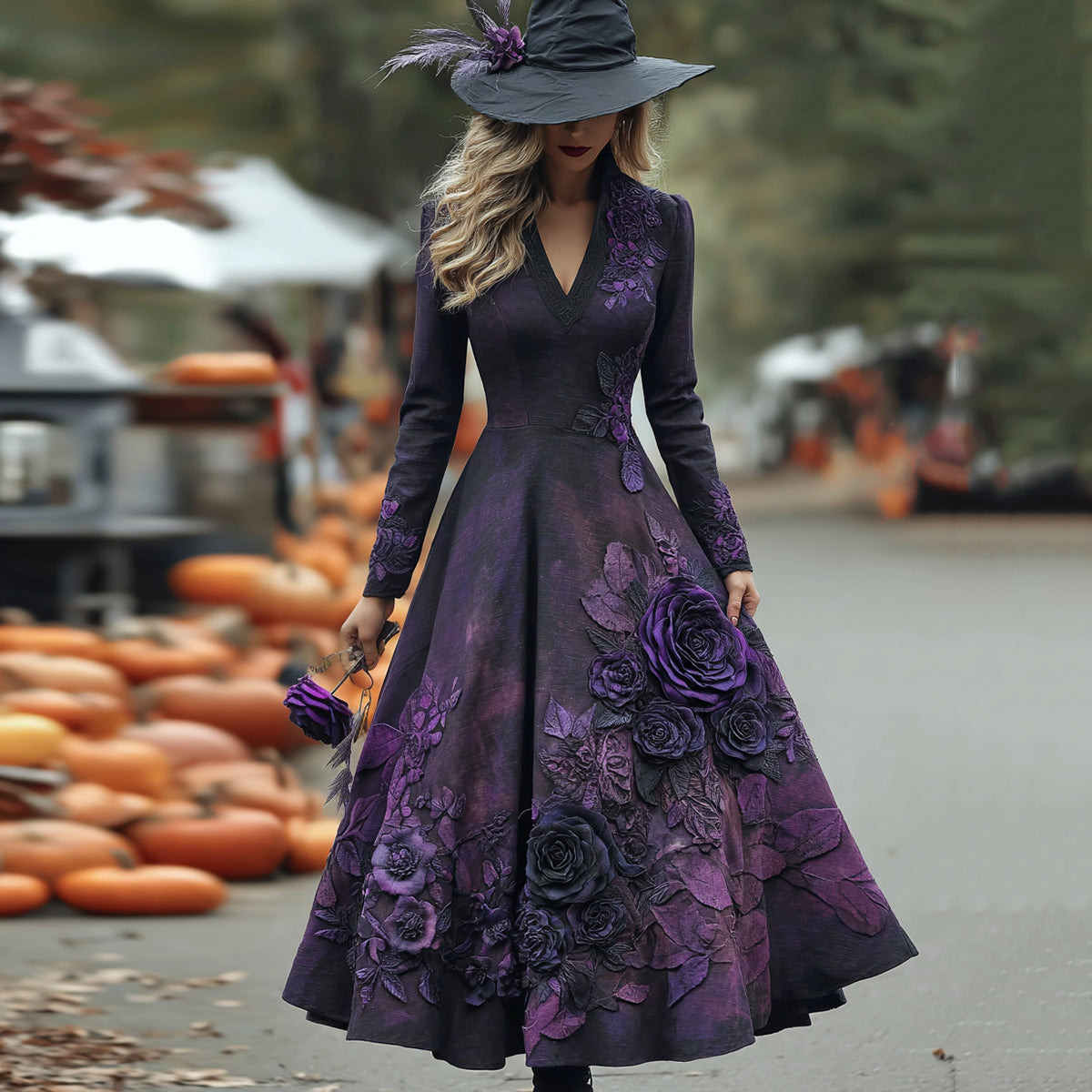 Women's Vintage Halloween Purple Rose Art Comfy Linen Maxi Dress