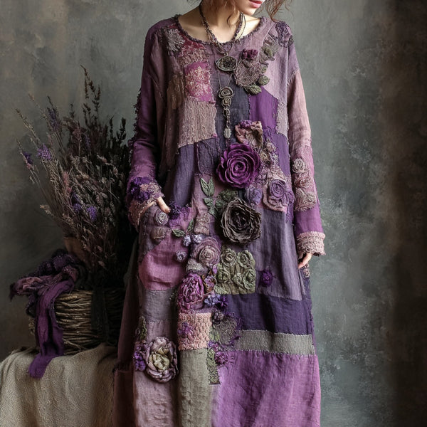 Women's Vintage Floral Patchwork Print V-neck Loose Midi Dress